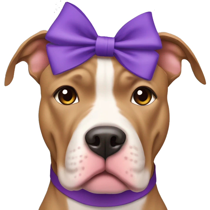 Light brown pitbull with cropped ears and purple bows emoji
