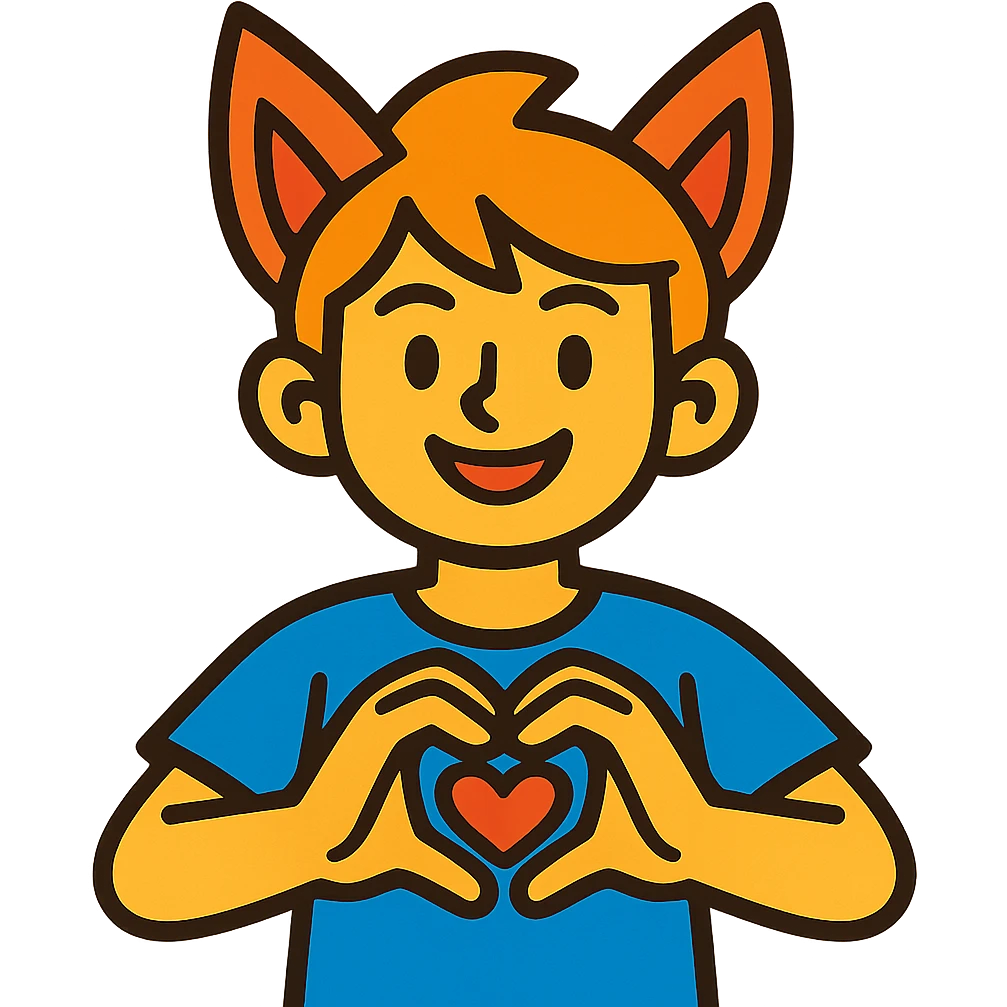 cartoon boy with fox ears, making a heart gesture with hands emoji