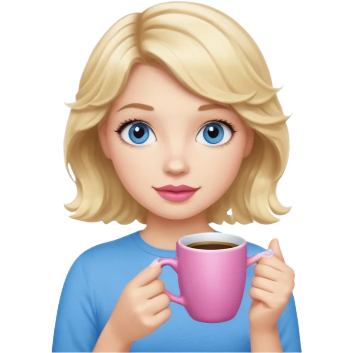 Girl Blonde short wavy hair,  blue eyes, cute blue top, long lashes, pink lips, holding coffee mug emoji