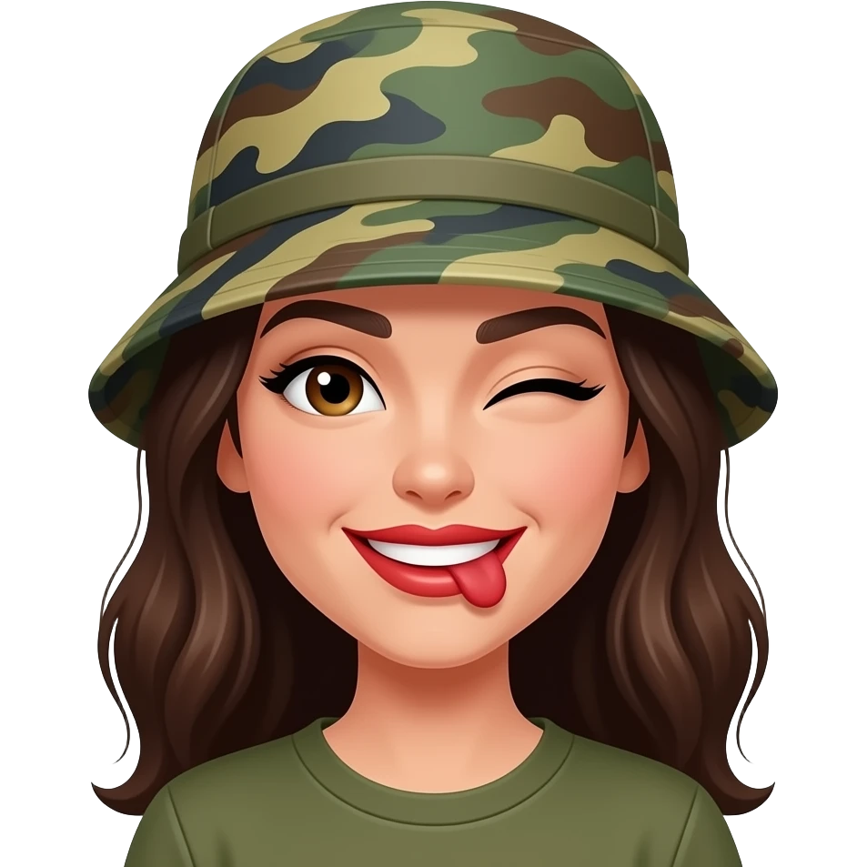 yellow round emoji Woman emoji camo hat red lip smirk wink biting lip emoji