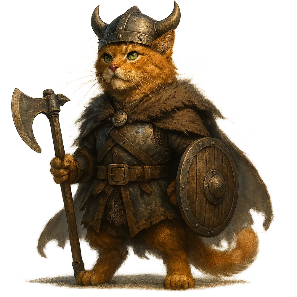valorous ginger cat Viking, Valhalla, heroic pose, Norse mythology atmosphere emoji