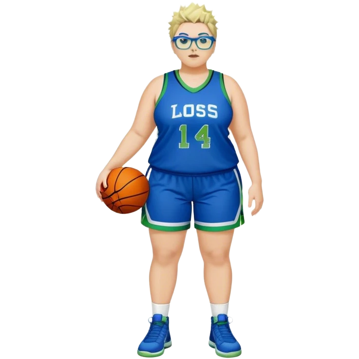 full body white plus size women basketball player with short spiky dark hair with added blond highlights wearing blue glasses wearing green and blue uniform emoji