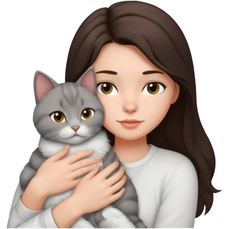Brunette girl in white shirt snuggling grey cat emoji