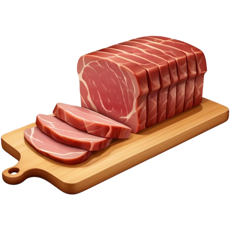 Create an emoji-style illustration of salo (Ukrainian pork fat) in the style of Apple iOS emojis.
The salo should be sliced, slightly glossy, with visible layers of fat and meat. Include a few slices on a wooden cutting board, optionally with garlic or green onion.
Style should match iPhone emoji aesthetics — clean, slightly 3D, soft gradients, no outlines.
Transparent background. High resolution. PNG format. emoji