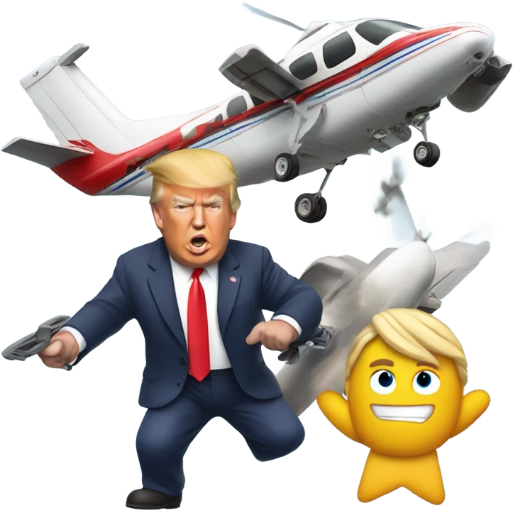 Donald trump by himself holding an airplane in one hand and a helicopter in the other hand smashing them together emoji