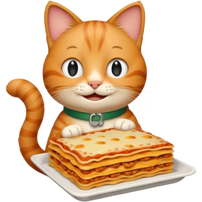 Garfield the cat, smiling, holding a lasagna emoji
