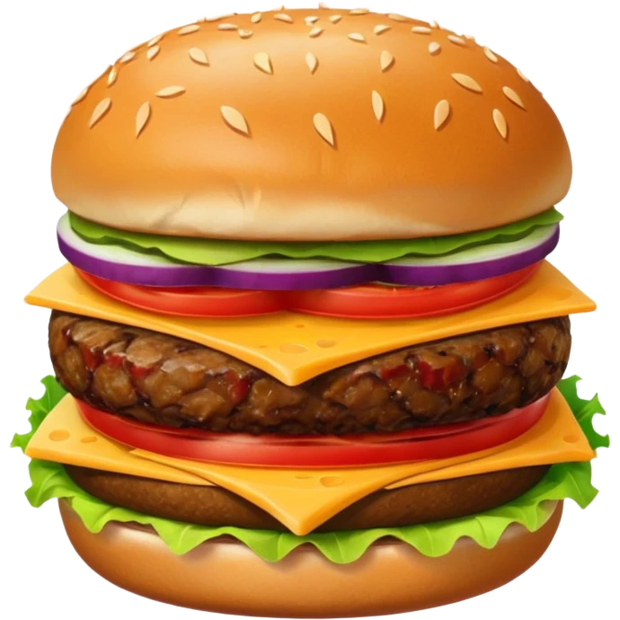 burger emoji with halved bun, salad, pickle, onion, tomato cutlet, sauce, cheese, halved bun emoji
