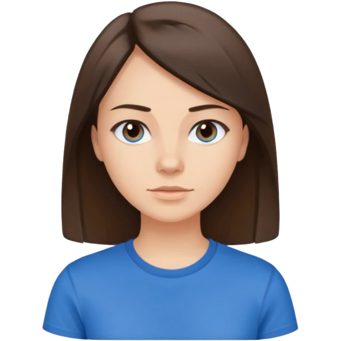young brunette brawn-eyed woman with straight hair with a blue t-shirt with  emoji