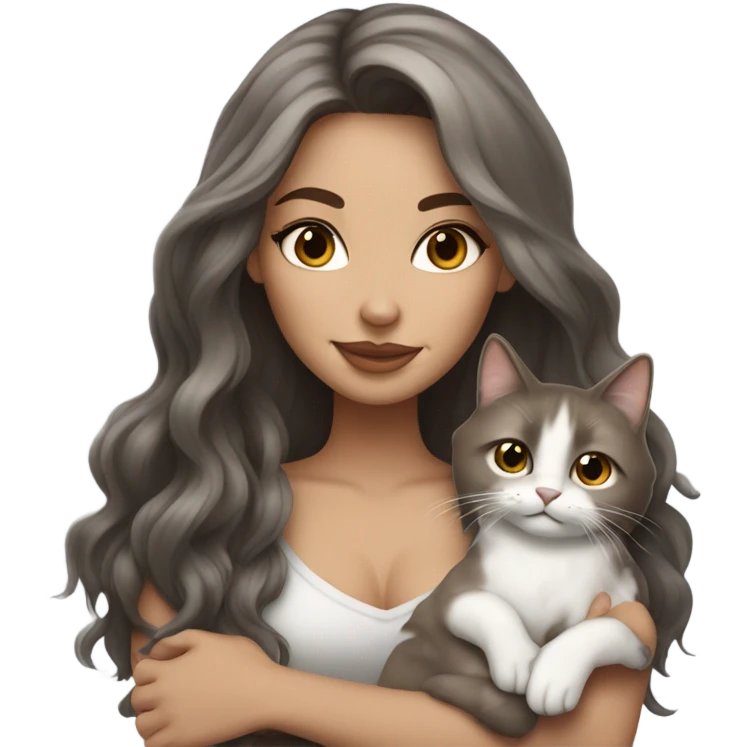 Beautiful brown haired tattooed woman holding gray and white long hair cat emoji