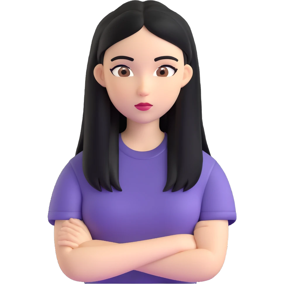 white girl, black long straight hair, brown eyes, dark eyebrows, small lips, black t-shirt emoji