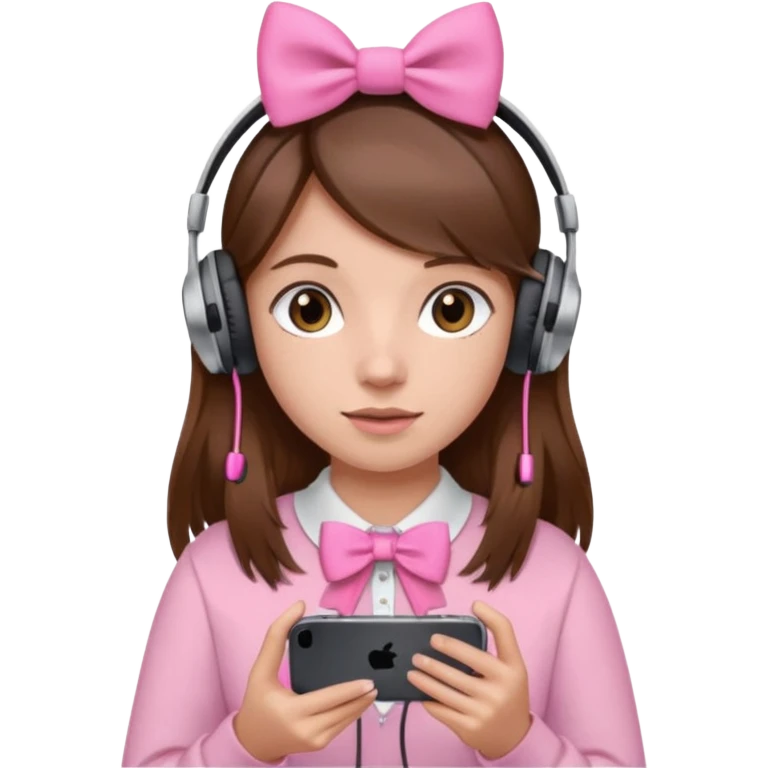 Girl with brown hair and a pink bow with headphones and a iPhone 13 Pro emoji