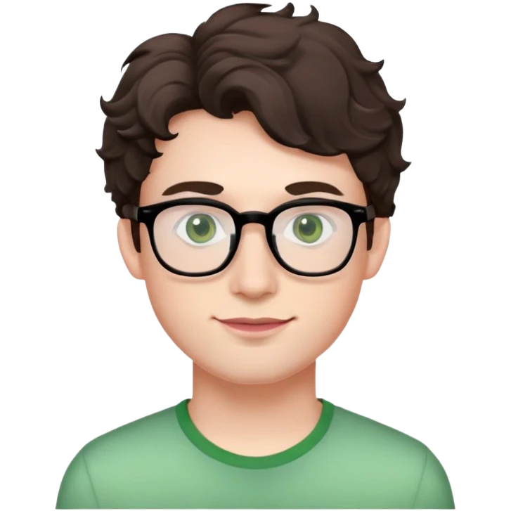 Young man with dark brown slightly wavy poofy hair (just a bit of curl, not too curly), green eyes wearing glasses, wide face with eyes set apart, bigger ears, very pale skin, slightly bigger nose, fuller darker pink lips with a smile, and very light stubble emoji