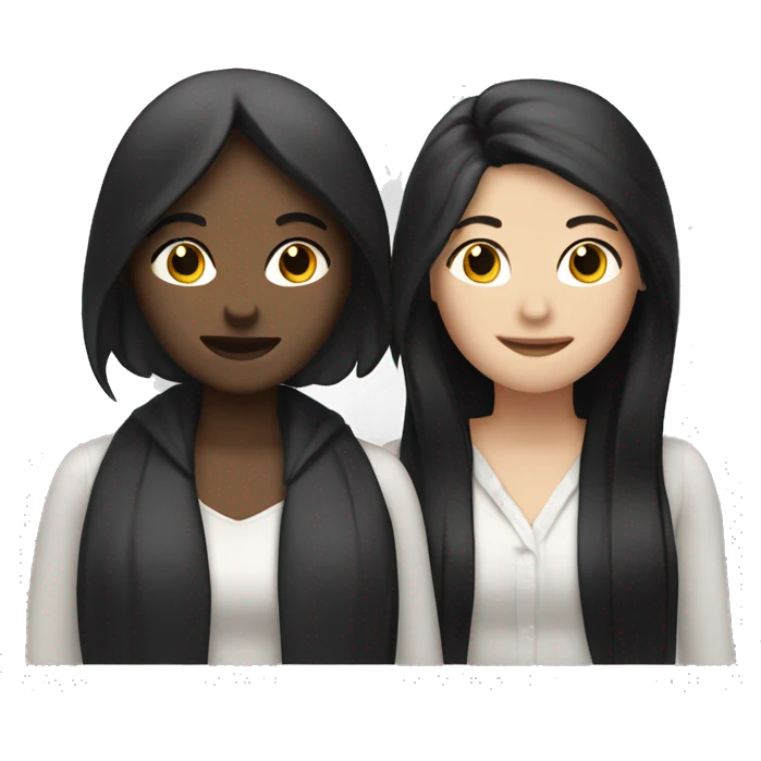 Lesbians with white skin and long black hair blushing at each other. emoji