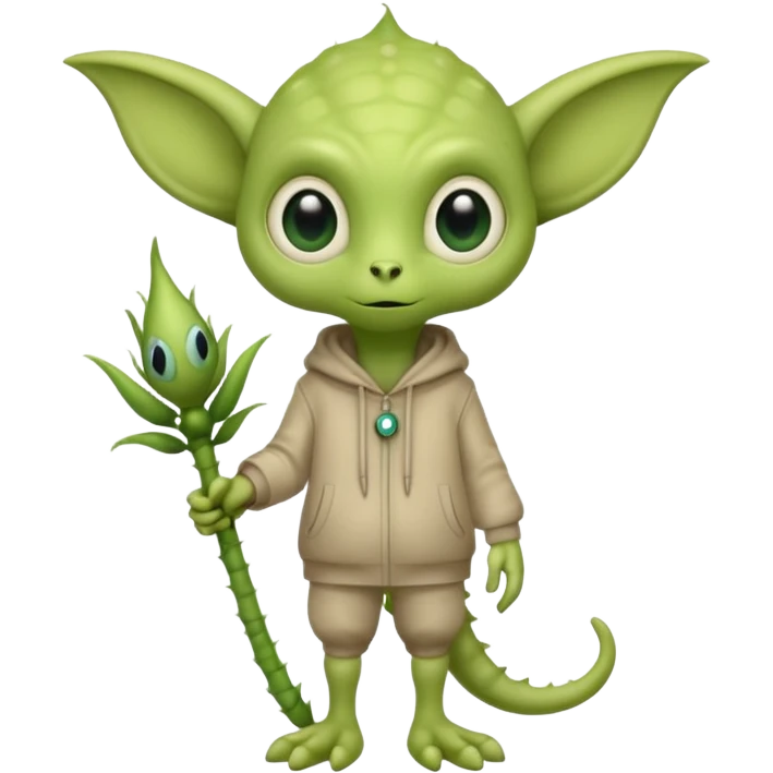 full body cute roughly humanoid peacefull alien furry with 2 legs and eye stalks stands upright and looks intelligent ...wears clothing. not green..looks happy and cudly... has 3 eyes...the alien has 3 eyes....it has an extra eye on a stalk emoji