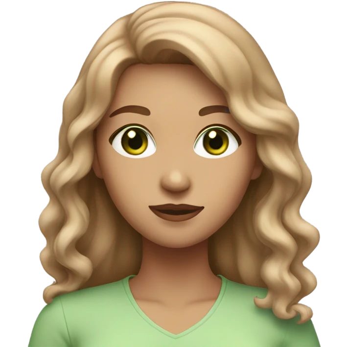 young woman with green eyes, light brown wavy hair and a light pink outfit emoji