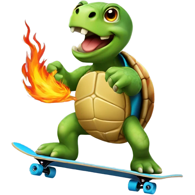 Turtle breathing fire riding a skateboard emoji
