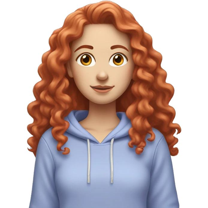 white girl with long red curly hair, wearing a pastel periwinkle hoodie doing a pose emoji
