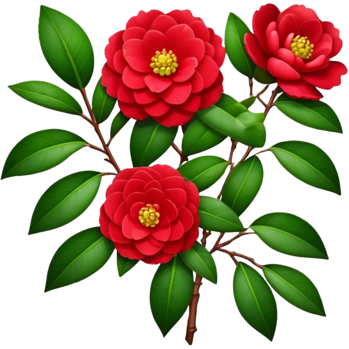 bouquet Red Camellia, luxuriant, stem, leaf emoji