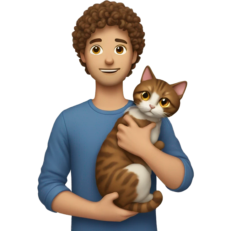 Guy with short brown curly hair holding a cat emoji