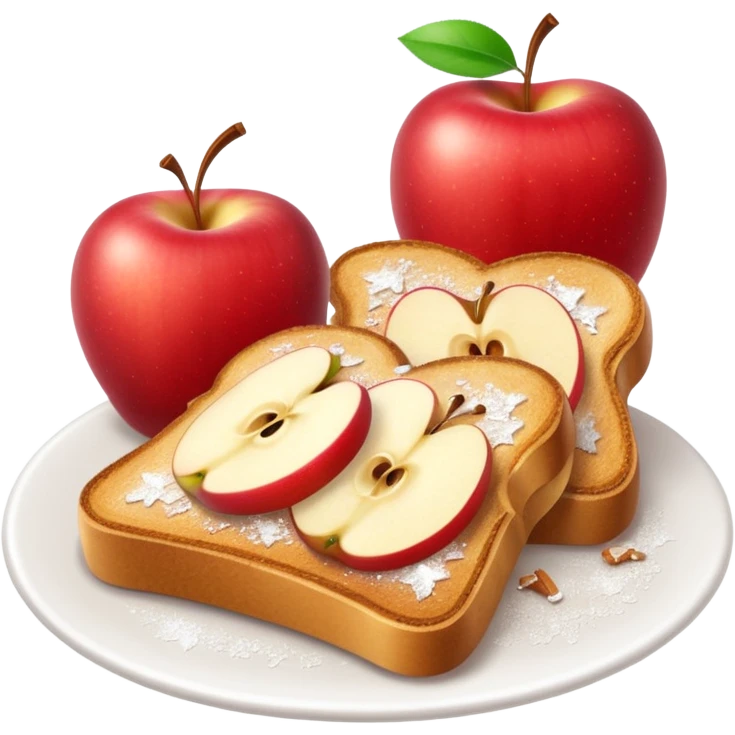 toast with apple slices on top, apples with a sprinkle of powdered sugar, no text emoji