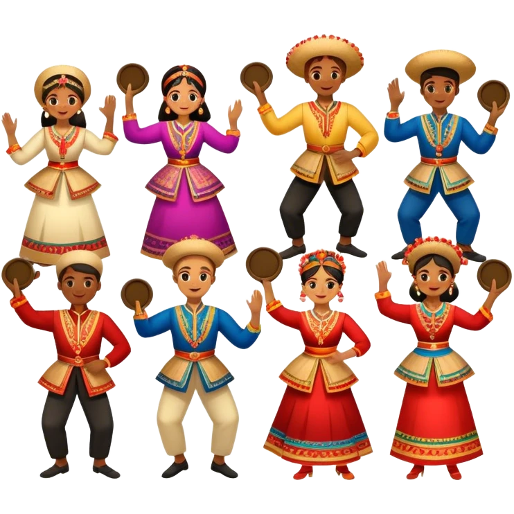 Icon for Folk Dance: a group of men and women performing a national dance in vibrant traditional costumes, with some holding castanets and tambourines. The icon should capture the festive and cultural energy of folk dance. Transparent background. emoji