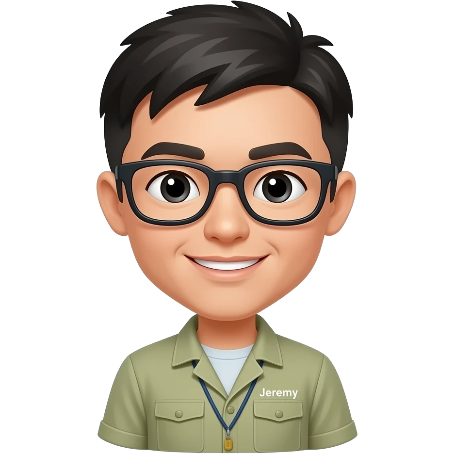 Zoo keeper male Chinese young man icon wear specs. Name Jeremy emoji