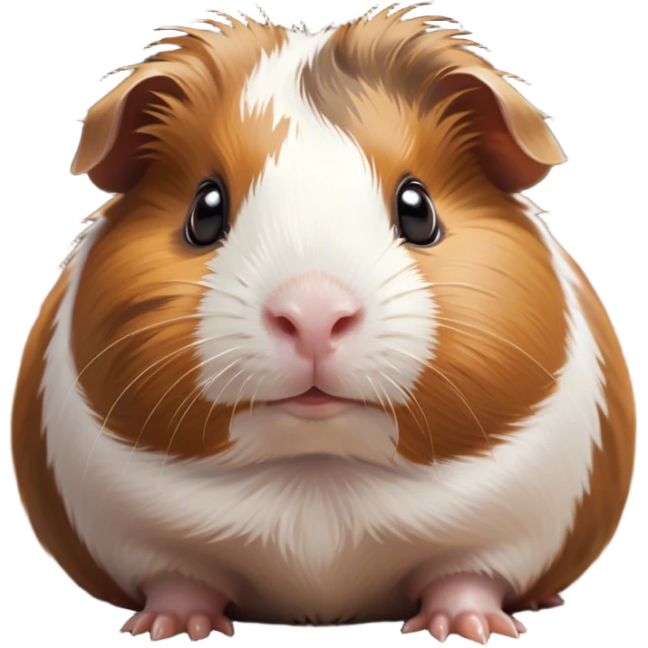 Cinematic Cute Brown and White Banded Guinea Pig Portrait Emoji, Head tilted playfully and inquisitively, showcasing a fluffy fur with playful brown and white banded patterns, round, sparkling dark eyes filled with curiosity, Simplified yet irresistibly adorable features, highly detailed, glowing with a warm, friendly glow, high shine, affectionate and spirited, stylized with a touch of whimsy, bright and endearing, soft glowing outline, capturing the essence of a mischievous yet loving guinea pig, so playful it feels like it could dash out of the screen and into your arms! emoji