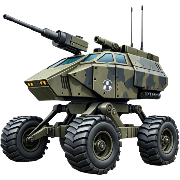 unstoppable American 8-wheel armored personnel stealth camouflage army massive mech trail vehicle shooting forward side-hill leaning actively robotically articulating hydraulic independent suspended pod gimbal enemy mech off-road racing rover with large fast engine RC basher crawler megatron  emoji