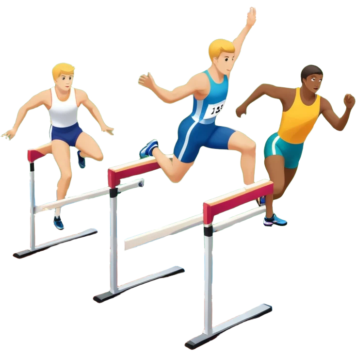 A collage of track and field equipment: a starting block, javelin, hurdle, discus, and high jump bar, symbolizing various disciplines. The background features a vibrant stadium with a running track, field events area, and cheering crowds.  emoji