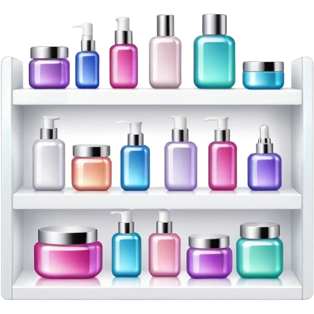 a white shelf with few beauty products and sparkles emoji