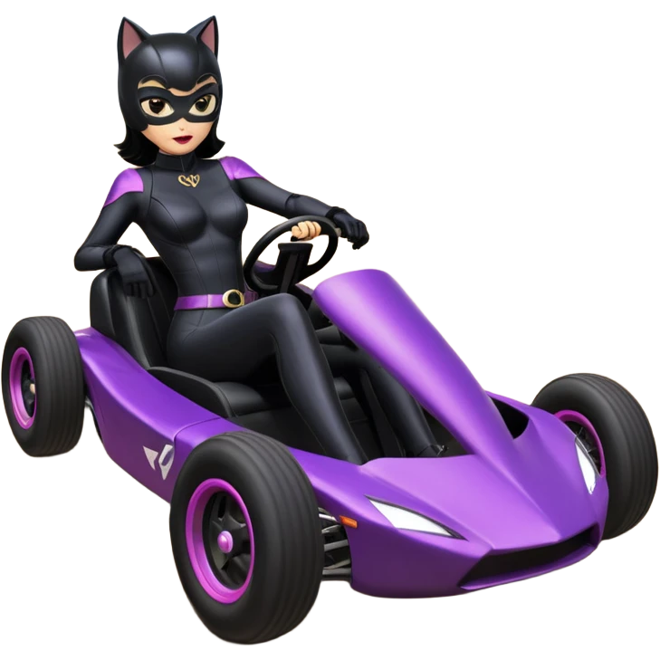 full size real-appearance road glowing racing sexy buxom CatWoman’s feminine midnight-colored tight outfit sixty’s tv show dark stealthy accurate sporty safe plush deluxe off-road pursuit drifting car lexus (black hair,reclining and relaxed torso and shoulders back against seat) rallycross kart  emoji