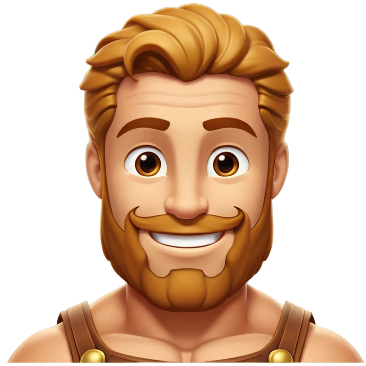Cinematic Realistic Hercules Portrait, head tilted playfully and inquisitively, showcasing his formidable build softened by a warm, inviting smile. His eyes sparkle with a sense of mirth and determination, while his detailed attire and natural highlights capture the essence of a mighty hero with a friendly spirit. emoji