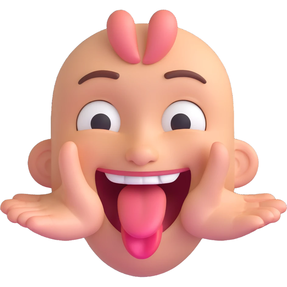 happy face with tongue out, hands sideways on both sides of the face emoji