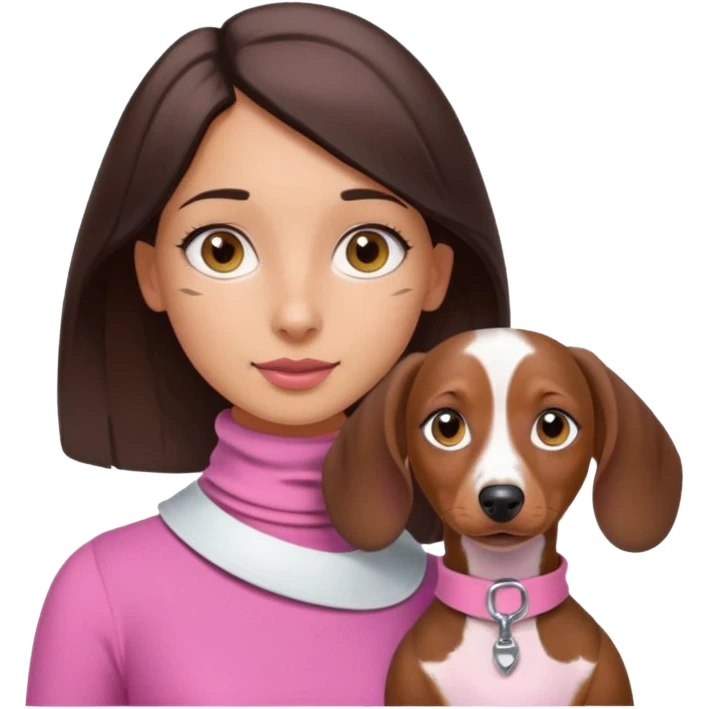 a brunette girl, olive skin, hazel eyes, pink top, neck brace on her neck, piebald dachshund next to her emoji
