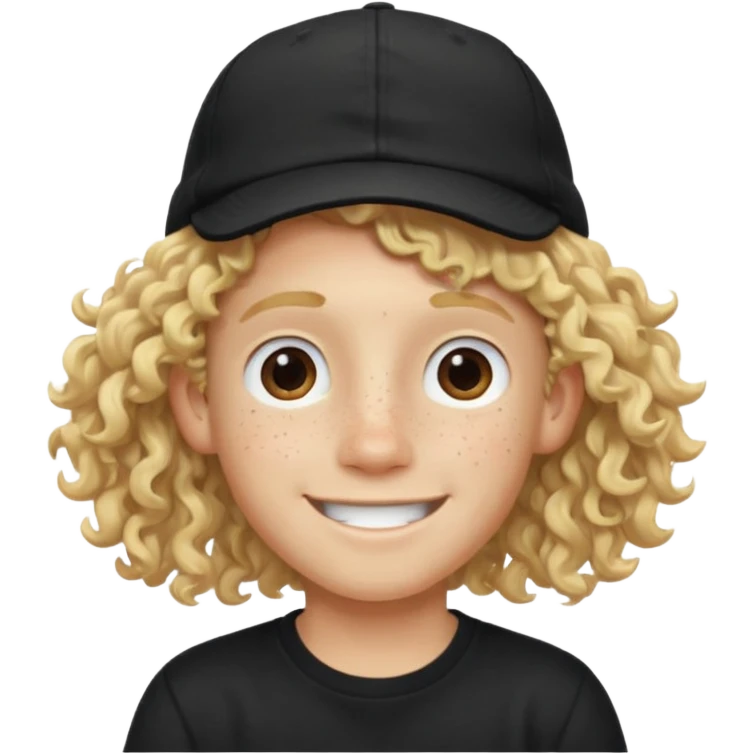 blonde boy with long curly hair past his hears and a LA hat, smiling, wearing a black shirt with freckles emoji