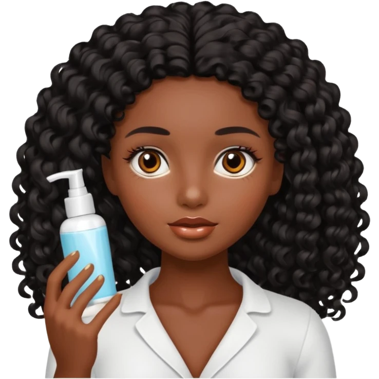 Uma boneca morena escura com olhos castanhos e cabelo cacheado longo preto, fazendo skin care emoji