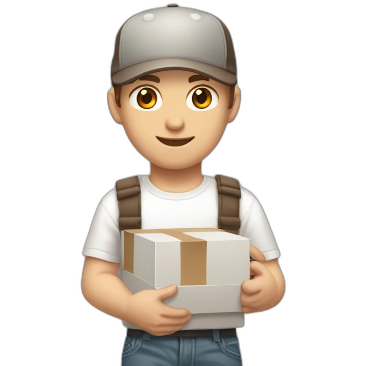 Pale skinned fit Man with dark brown hair in a light gray cap, dark brown jeans, brown polo and white T-shirt keeping a pasted with tape white box into his hands emoji