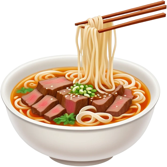 Lanzhou hand-pulled noodles with beef and clear broth, simplified emoji style with bold outlines and bright colors, cartoon style traditional Chinese lamian in bowl emoji