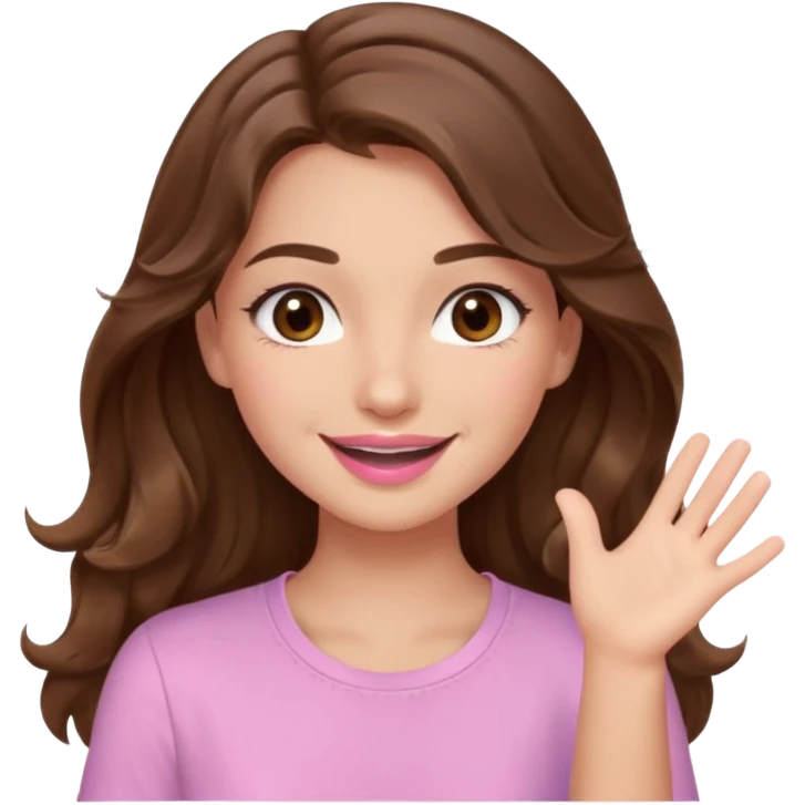 girl with wavy long brown hair, brown eyes, light to medium complexion, long lashes, light pink lipstick, smiling, wearing light pink shirt, slapping emoji