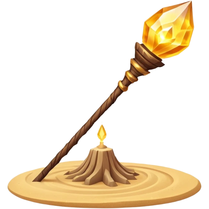 desert sand mage staff object icon, ancient wooden staff, swirling sand crystal on top, glowing golden aura, small floating sand particles, fantasy desert style, 3D cartoon, mobile game icon style, centered, clean background, soft shadow, no text, no watermark
 emoji