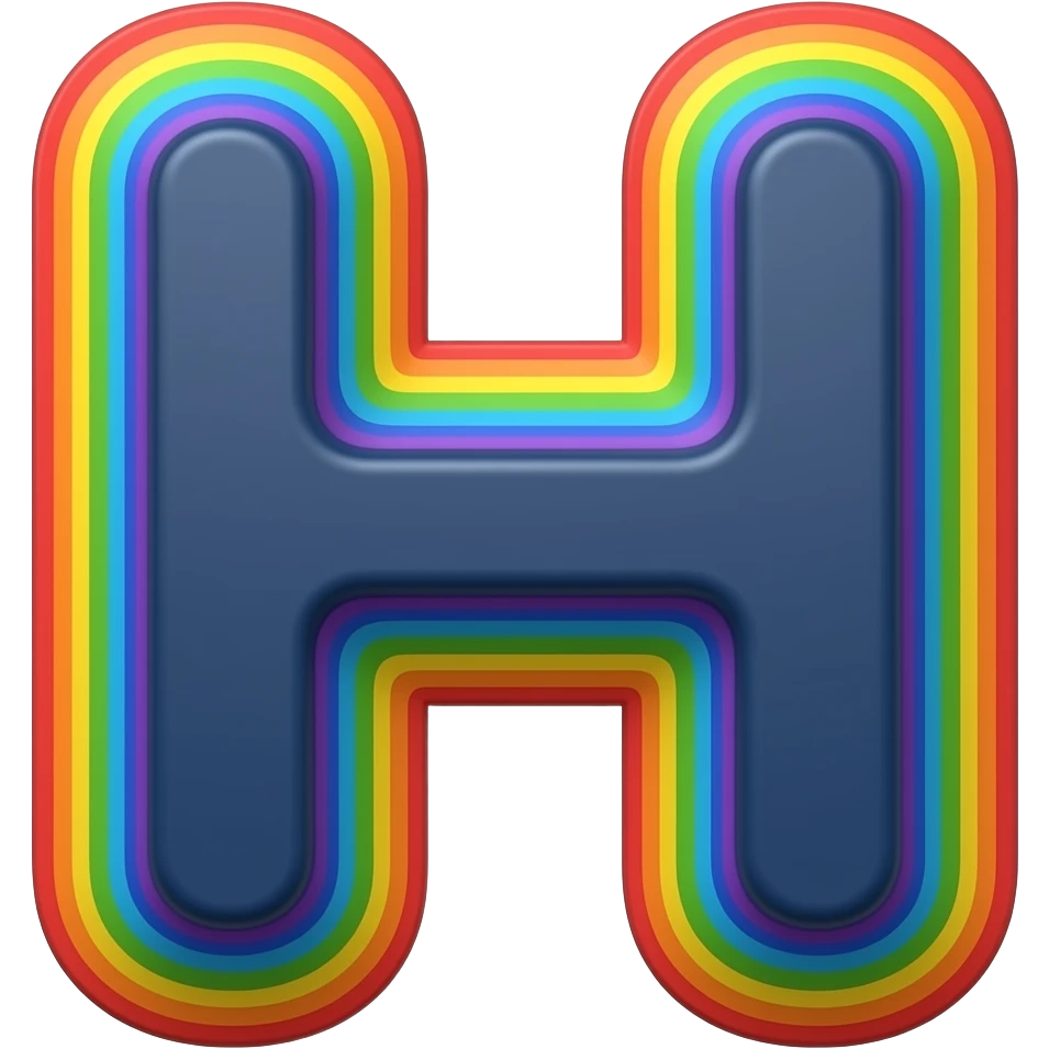 name "H" in navy blue, 3D style typography lettering, each color of the rainbow as a border outlined around each letter, isolated, 3d rendering, no emoji icons no emoji faces and must have no human figures emoji