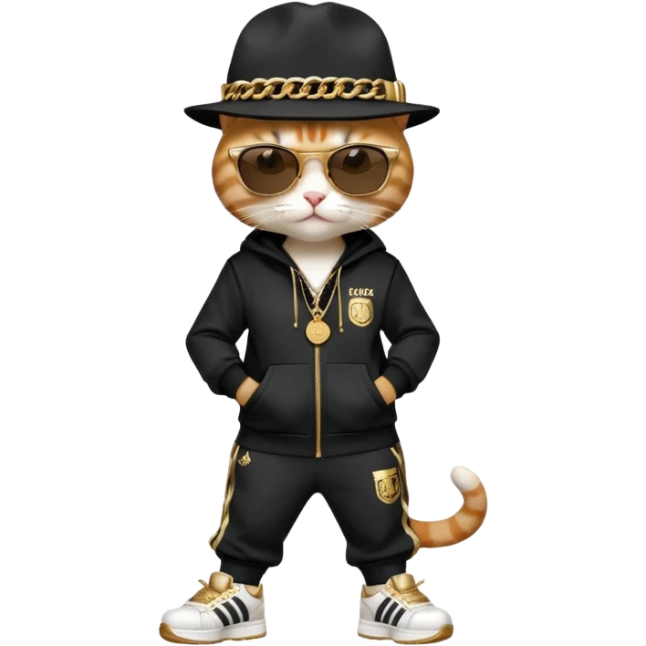 female cat dressed like Run DMC, tracksuit, fedora, gold chains, Adidas shoes, dark sunglasses, upright pose emoji