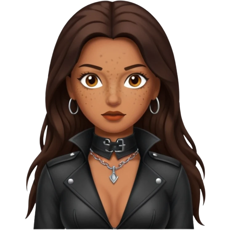 Tan skin with freckles, long dark hair, hazel eyes Dominatrix  emoji