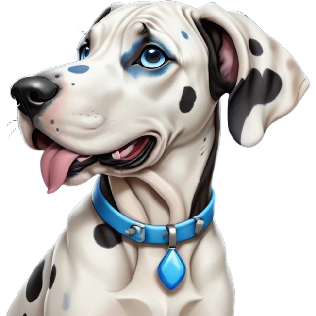 Cinematic Cute Yawning Harlequin Great Dane Portrait Emoji, Head tilted slightly with a dramatic, wide-open yawn, showcasing a smooth coat of predominantly white with bold black patches, floppy ears slightly drooping, round blue eyes barely open in drowsy contentment, Simplified yet irresistibly adorable features, highly detailed, glowing with a soft, cozy glow, high shine, relaxed yet expressive, stylized with a touch of whimsy, bright and endearing, soft glowing outline, capturing the essence of a sleepy yet affectionate guardian, so drowsy it feels like it could stretch out of the screen and curl up for a nap! emoji