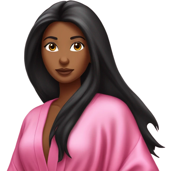 Tanned woman with long black hair wearing a silk pink Victoria’s Secret robe emoji