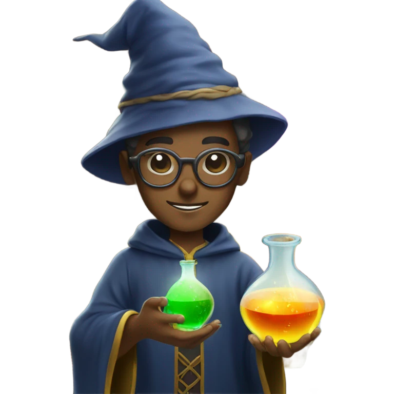 Young male wizard mixing potions and wearing sunglasses emoji