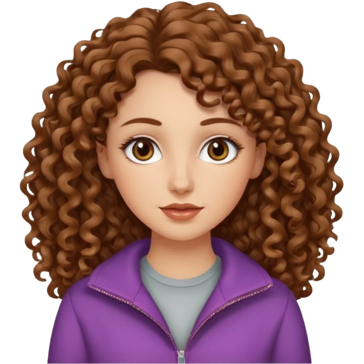 White girl with brown long 3A curly hair, brown almond shape eyes, refined wide nose, natural lips. Cute clothnig emoji