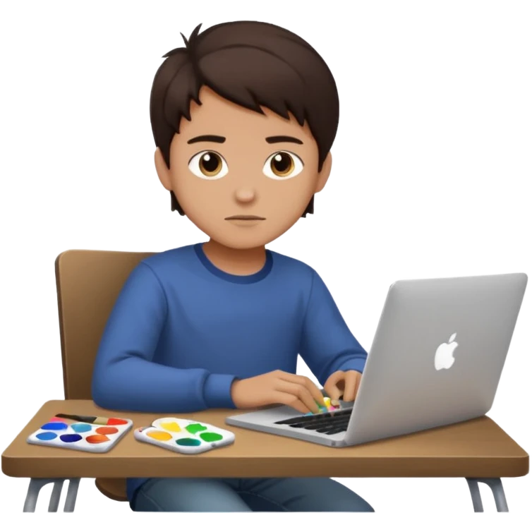 boy working in Macbook, he is graphic designer and paint artist, he seats facing me, and hair dark brown color emoji