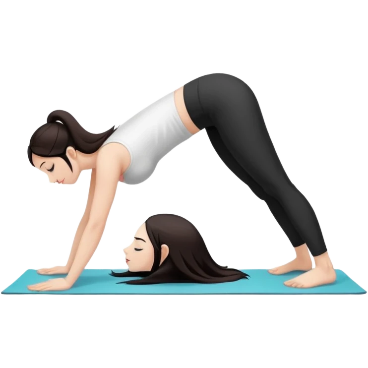 Девушка белокожая в позе собака мордой вниз, с длинными темными волосами, в белом топе, в черных лосинах, с черными ресницами emoji