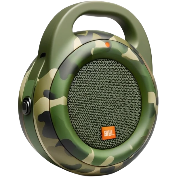 Ultra minimal JBL Clip 4 speaker with just a few green camouflage spots, iOS emoji style emoji